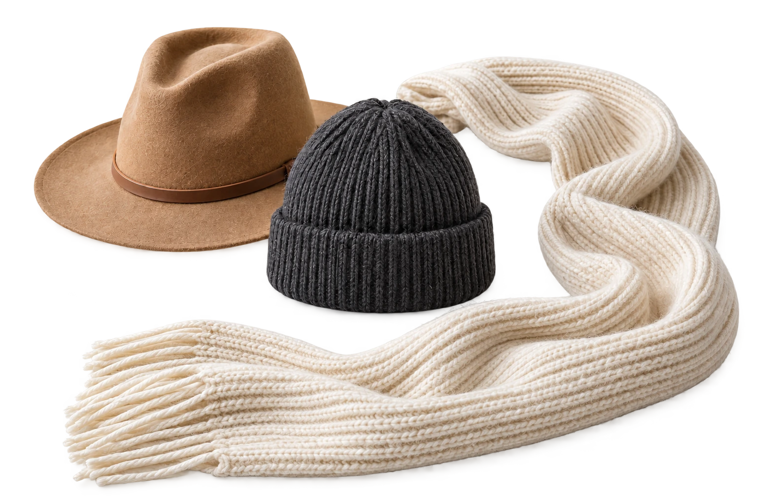 Illustrative camel felt hat, charcoal knit beanie and ivory wool scarf